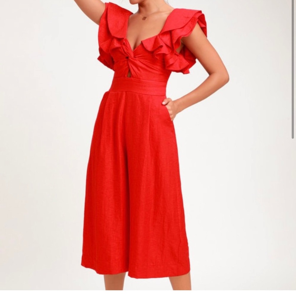Lulus Red Ruffle Jumpsuit with Pockets, size S
